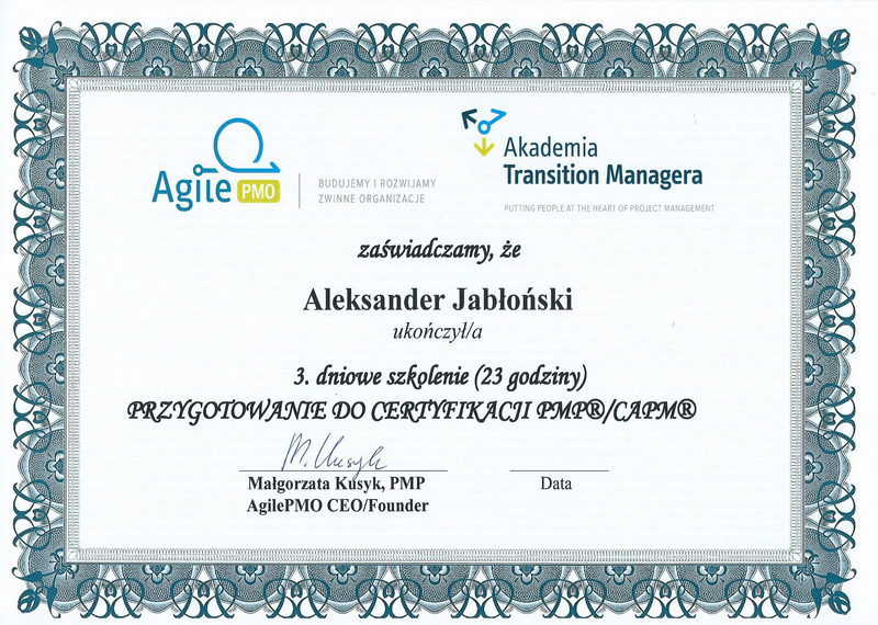 Zdjęcie certyfikatu zarządzania projektem